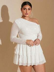 SHEIN BAE Plus Size White Summer Elegant Girlism Night Out Club Party Dresses,Shiny Sequin Rhinestone Asymmetrical Oblique Shoulder Mesh Cascading Ruffle Dress - White - View 4