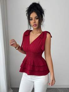 Elenzga 新款女士V领蝴蝶结系带纯色纹理编织面料多层荷叶边优雅精致年轻百搭修身女式衬衫 - 酒紅色 - 查看 6