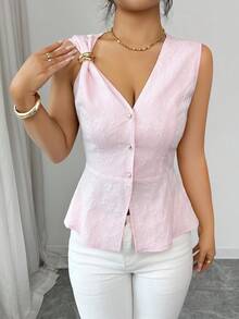 GlowEve Nueva llegada Blusa de diseño único con jacquard floral de primavera/verano, con cuello en V dulce, cintura ceñida, volantes en el bajo, botones de perla metálicos, elegante y versátil para mujeres jóvenes - Rosa - Ver 5