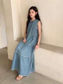 DAZY Vestido de patinadora vaquero con cuello Mao y botones, conjunto de moda para citas de verano para adolescentes - Lavado ligero - Ver 4