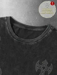 Manfinity EMRG Men's Wing & Cross Print Street Style Round Neck 100% Cotton Short Sleeve T-Shirt - Black - View 3