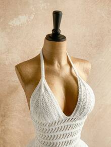 Soleia Women's Vacation Gradient Knit Deep V Neck Backless Sexy Bodycon Mini Dress With Ruffle Hem, Fashion For Party, Date, Afternoon Tea, Boho Beach - White - View 4