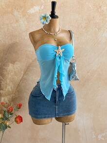 Soleia Áo dự tiệc mùa lễ hội dành cho nữ, kiểu dáng gợi cảm, phong cách nghỉ mát bãi biển, màu trơn, trang trí sao biển kim loại, vạt áo bất đối xứng, kiểu quây ngực. - Màu xanh lam - Xem 6