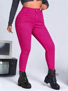 SHEIN ICON Plus Size Women High Waist Pockets Skinny Casual Versatile Denim Jeans - Hot Pink - View 3