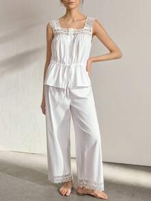 Ocili Women's Contrast Lace Sleeveless Button-Up Top And Pants Pajama Set - White - View 6