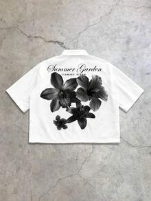 Manfinity Roughcore 水墨花卉手写字体休闲印花大码宽松短袖衬衫，约会聚会必备，时尚情侣礼物送给男友 - 黑與白 - 查看 1
