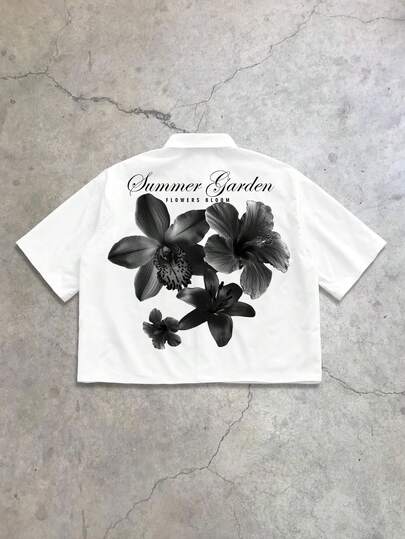 StoneGrade Ink Floral Handwritten Font Casual Print Plus Size Loose Fit Short Sleeve Shirt, Essential For Dates And Gatherings, Fashionable Couple Gift For Boyfriend