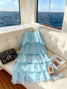 GlowEve Women's V-Neck Layered Ruffle Mesh Dress - Blue - View 1