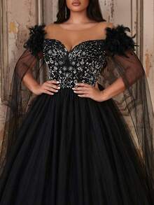 Aureia Váy hở vai tay loe viền chữ A đính lông vũ và lưới thêu màu xanh lam sang trọng cỡ lớn, thích hợp cho tiệc tối, hẹn hò, vũ hội, đám cưới, dịp trang trọng - màu đen - Xem 4