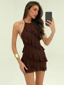 Aloruh 女士夏季咖啡色/棕色无袖迷你连衣裙，海滩度假装扮，波西米亚风荷叶边装饰，纯色吊带系带荷叶边下摆茶会连衣裙，温暖假日性感露背迷你连衣裙，深V领系带荷叶边下摆，修身连衣裙 - 咖啡 - 查看 8