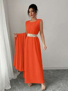 Rafferiza Women's Elegant 2 Pieces Set: Ribbon Trim Batwing Sleeve Robe & Sleeveless Round Neck Dress - Orange - View 7