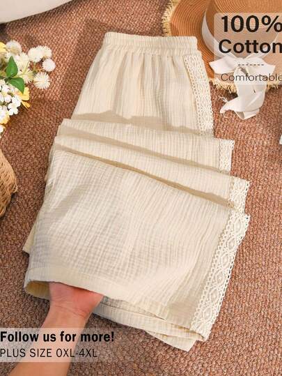 CosyJoli Plus Size Women's Comfortable Contrast Lace Loose Straight Pants, Spring/Summer