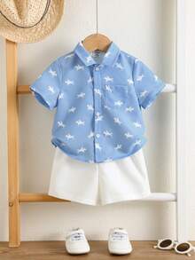 SHEIN Bộ 2 món cho bé trai, gồm áo cardigan tay ngắn cổ bẻ họa tiết ngựa và quần short cạp chun. - Nhiều màu - Xem 6