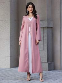 Yasmyna Women's Spring/Summer Long Sleeve Rhinestone Embellished Elegant Abaya Robe, Pink/Purple - Pink - View 3