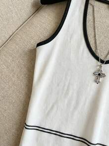 Franclia Women's White Halter Neck Top With Black Trim, Cute Summer Vest, Beach Holiday Wear - Black and White - View 5