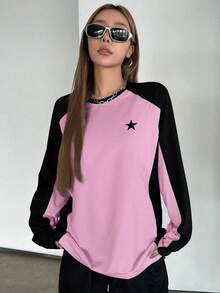 DAZY 女式拼接长款插肩袖圆领 T 恤，秋季服装长袖女式上衣 - 彩色 - 查看 3