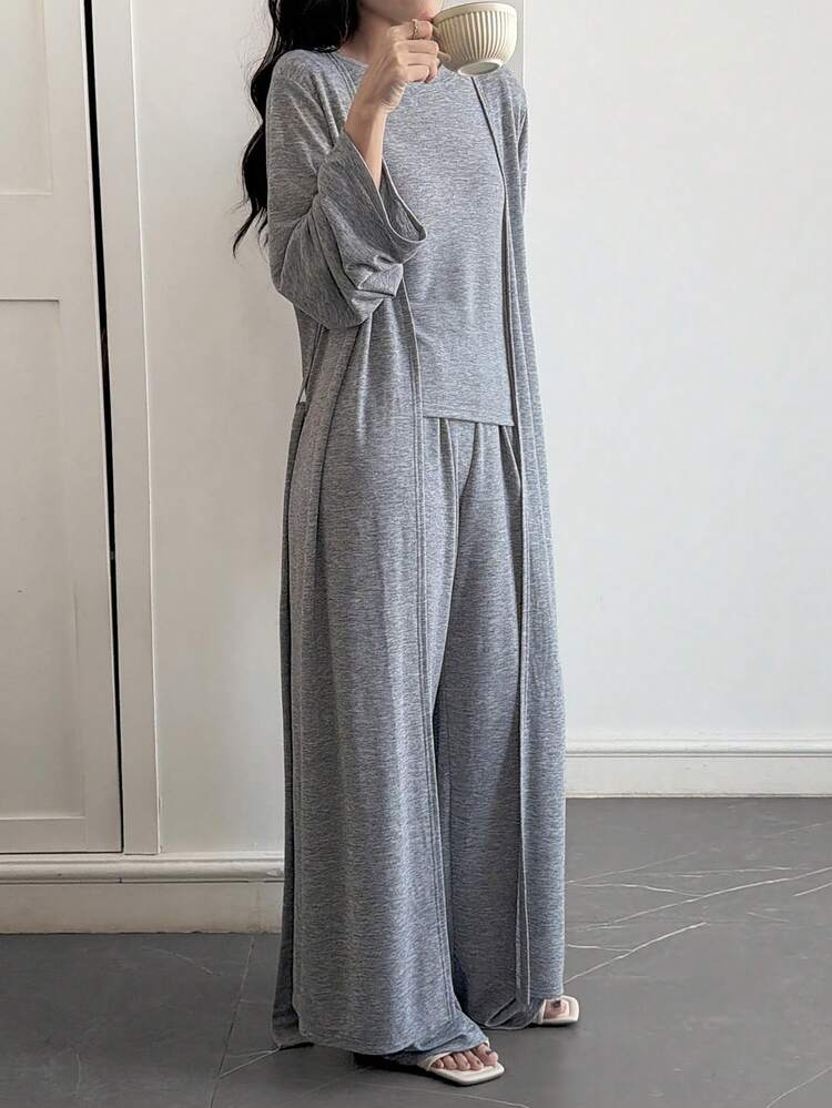 Women's Solid Color Long Sleeve Robe, Round Neck Camisole And Wide Leg Pants Loose Casual Suit