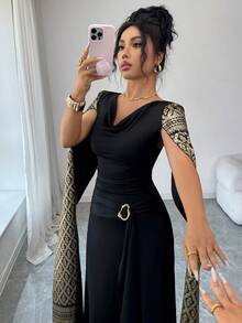 Rafferiza Women's Elegant Draped Neck Metal Buckle Waist Flared Hem Gold Foil Long Sleeve Dress - Black - View 7