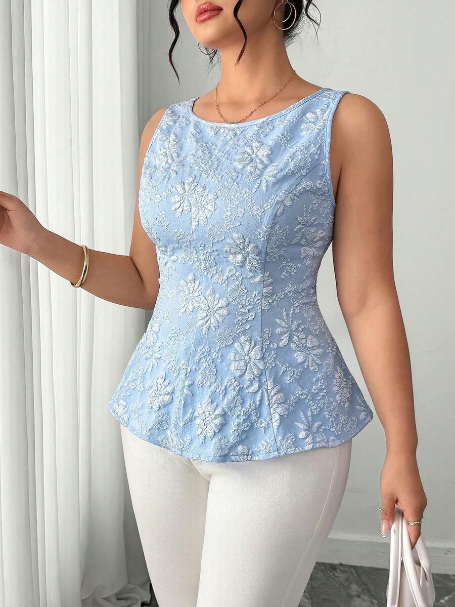 Elenzga Elenzya Plus Size Women Fashionable Elegant Vintage Modern Jacquard Textured Fabric Backless Ruffle Hem Sleeveless Blouse - Blue - View 1
