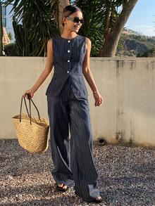 DAZY Sleeveless Crew Neck Fitted Top And Striped Casual Jeans Pants Set For Women - Medium Wash - View 5