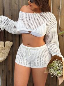 Sunnyshic 大码女式纯色落肩长袖镂空钩针图案休闲短款毛衣和针织短裤两件套，适合春、夏、秋季穿着，非常适合海滩度假，是完美的礼物之选。 - 白色 - 查看 6