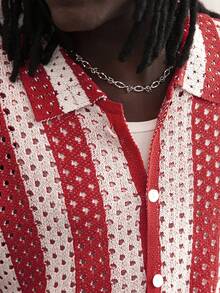 GALLERY FADE Contrast Stripe Hollow-Out Button Front Knit Sweater, Short Sleeve - Red - View 7