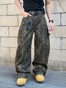 Manfinity EMRG Men's Leopard Print Pocket Casual Versatile Daily Wear Wide Leg Jeans Guys Guys Baggy Leopard Print Jeans - Multicolor - View 5