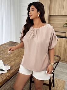 SHEIN LUNE 大码女式圆领褶皱袖宽松休闲衬衫，春夏款 - 卡其色 - 查看 4