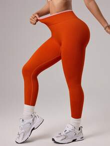Core Rhythm Leggings deportivos de mujer con contraste de color y costillas en la cintura, de punto sin costuras - Naranja Quemada - Ver 6
