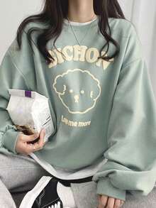 DAZY Sweat-shirt-shirt ample à épaules tombantes avec lettres et graphiques de dessins animés, manches longues, vêtements d'automne - Bleu azur - Voir 4