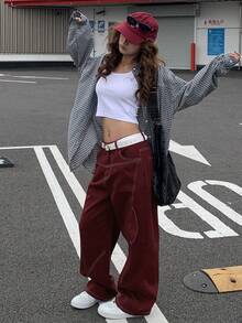Women's Burgundy Loose Fit Cargo Jeans Y2k - Burgundy - View 5