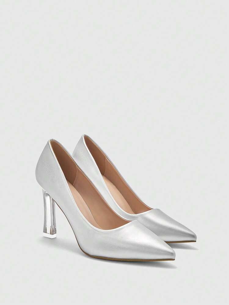 CUCCOO BIZCHIC Women Shoes Silver Pointed Crystal Transparent Heel Stylish Simple Sexy Elegant Office Worker Daily Versatile Commuter Ladies High Heel Shoes Women's Shoes Spring Shoes