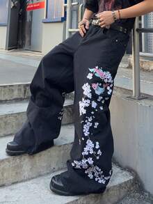 ROMWE MEN Men's Floral Embroidery Pattern Loose Fit Jeans - Black - View 6