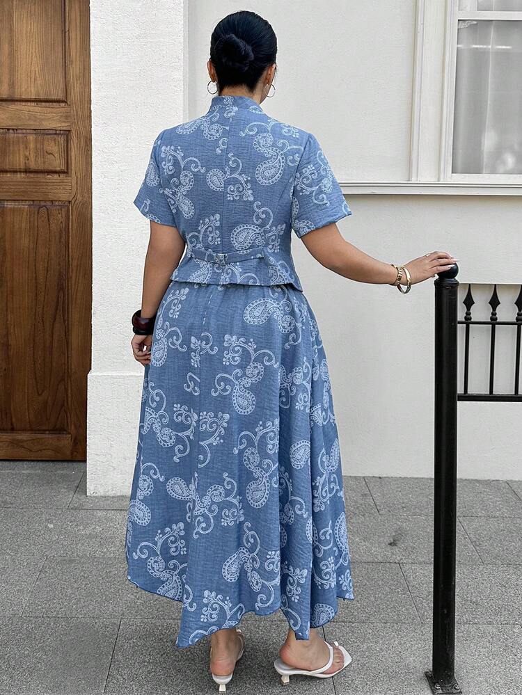 Dazy Plus Plus Size Allover Print Button Front Top And Skirt Elegant 2 Pieces Set Boho