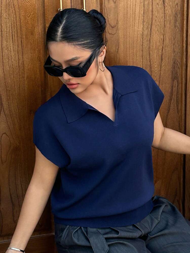Dazy Plus Plus Size Solid Color Turndown Collar Casual Versatile Cap Sleeve Knit Top