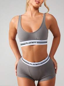 Missguided x Playboy Scoop Neck Bralette And Boxer Brief Set With Contrast Striped Band Athletic Inspired Loungewear Comfortable Everyday Intimates Two Piece Undergarment Collection - Grey - View 6