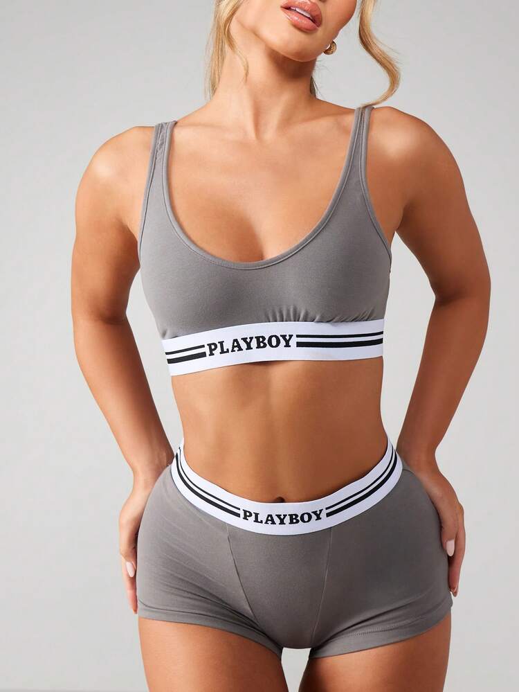 Missguided x Playboy 대비 스트라이프 밴드 운동 영감을 받은 라운지웨어 편안한 일상 속옷 투피스 속옷 컬렉션이 있는 스쿱넥 브라렛 및 복서 브리프 세트