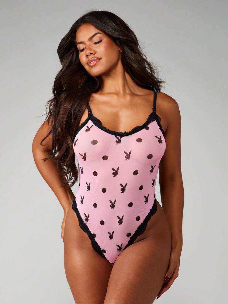 Missguided x Playboy Polka Dot Mesh Bodysuit With Lace Trim And Bunny Print For Night And Casual Occasions