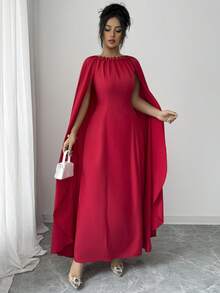 SHEIN Raffinéa 女士优雅派对宴会串珠褶皱披肩袖收腰连衣裙 - 紅色 - 查看 6