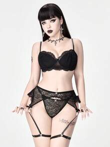 ROMWE Goth 哥特蕾丝花卉钢圈文胸和丁字裤套装，配蜘蛛金属吊坠肩带，性感内衣套装 - 黑色 - 查看 2