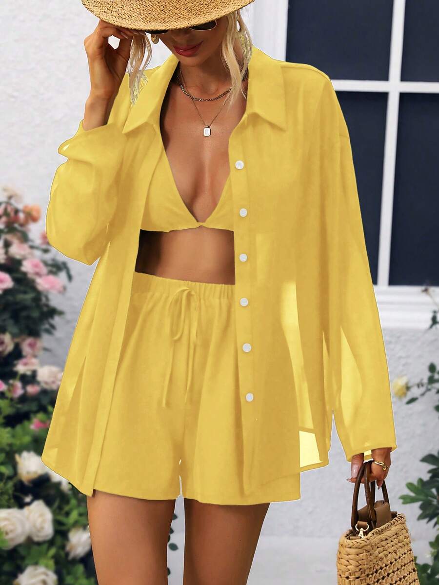 Selianne 3pcs Women's Mesh Front Opening Long Sleeve Set - Yellow - View 1