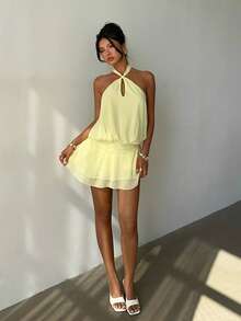 Aloruh 女士纯黄色露背系带荷叶边下摆休闲度假连衣裙，春夏款 - 黃色 - 查看 7