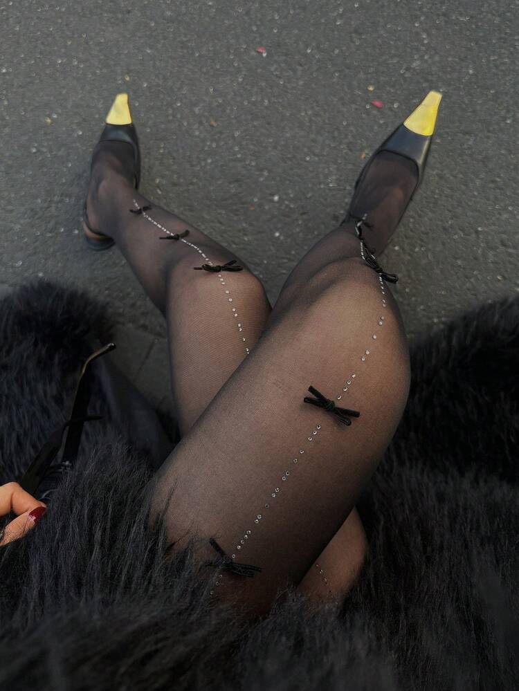 Women's Fashion Sexy Rhinestone Bow Decor Mesh Leggings