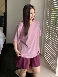 Dazy Plus 两件套休闲家居服，宽松短袖上衣和松紧腰短裤，大码女式睡衣，春夏款 - 紫色 - 查看 3