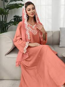 SHEIN Najma 圆领刺绣花卉贴花叶子刺绣滚边阿拉伯风格连衣裙，配头巾 - 橘色 - 查看 6