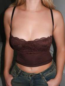 Turnttoni Women's Lace Patchwork Tight Fit Sexy Camisole,Sexy Tops - Coffee Brown - View 3