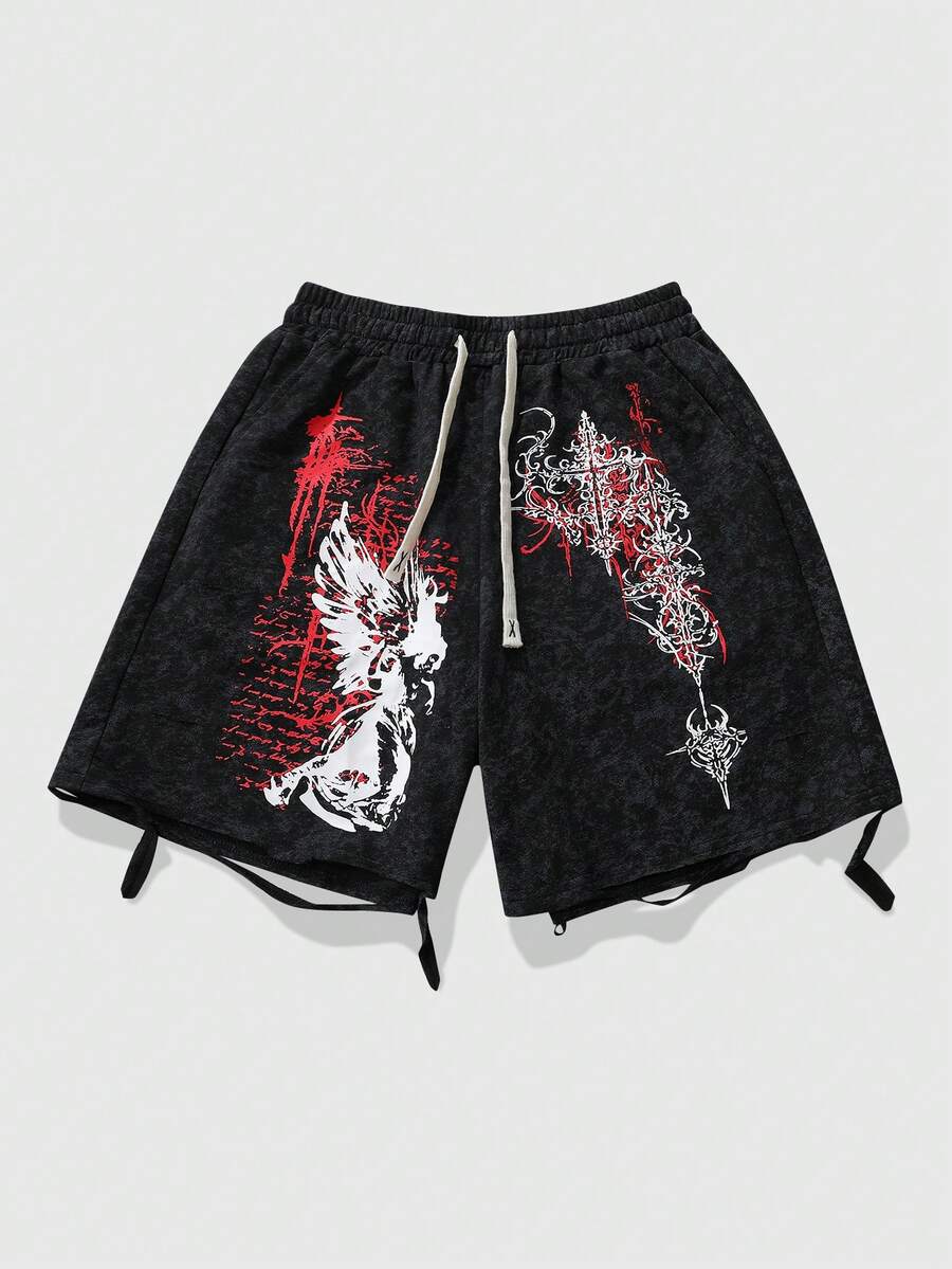 ROMWE MEN 男士朋克印花抽绳腰带短裤，夏季 - 黑色 - 查看 1