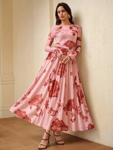 ZEYLAH Đầm dài tay lưới in hoa, thích hợp cho mùa xuân/hè. - Màu Hồng baby - Xem 7