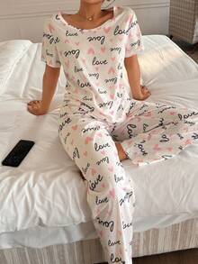 SHEIN Simple Letter & Heart Print Knit Pajama Set, Girly Style - Multicolor - View 3