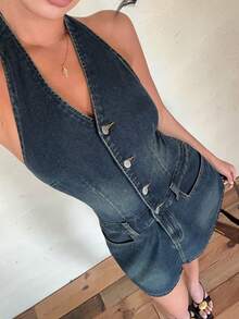 Aloruh Women's Casual Washed Button Half-Placket Halter Backless Denim Dress, Summer - Blue - View 4